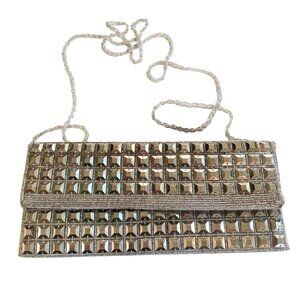 Expressions NYC Pyramid Beaded Clutch Crossbody Purse Bag Silver Tone
